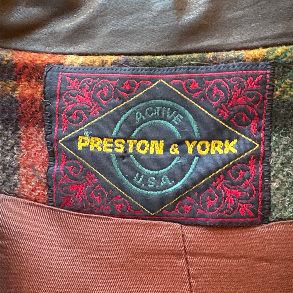 Vintage Preston & York sz L wool plaid coat with leather trim - Picture 8 of 12